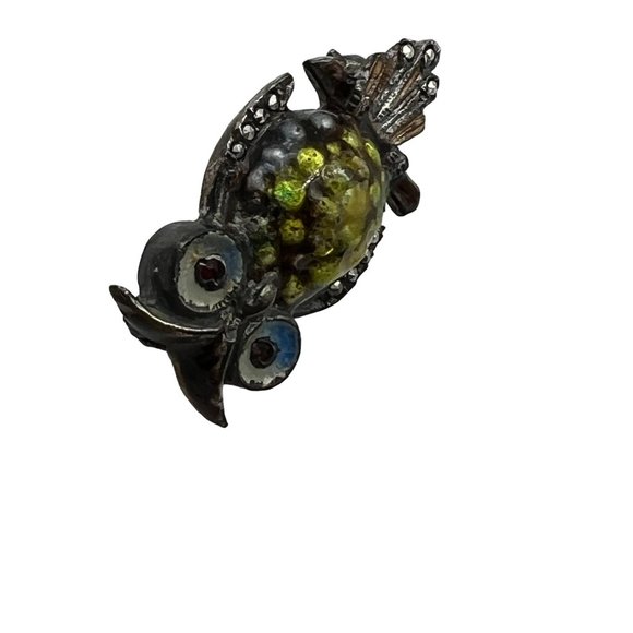 Alice Caviness 1950s Small Sterling Guilloche Enamel Marcasite Owl Bird Pin Broo - Picture 5 of 10